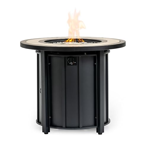 Senjoys 30'' Ceramic Round Propane Fire Pit Table, 50,000 BTU Steel Gas FirePit for Outdoor, Fire Table with Lid, Add Warmth & Ambience to Gatherings and Parties On Patio Deck Garden Backyard, Black.
