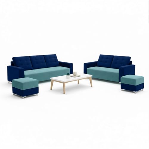 Image of Hakuna Dual Tone Plush Velvet 3 Seater + 2 Seater Sofa Set with 2 Ottoman | Silken Velvet Suede Upholstery | Designer Sofa for Living Room & Office Spaces (Dark Blue & Sky Blue)
