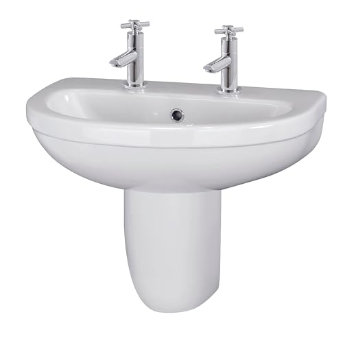 Balterley 555mm Bathroom Sink, Semi Pedestal Ceramic Round Bowl Bathroom Wash Basin Sink with Overflow, 2 Tap Hole, Wall Mounted Basin Sinks for Cloakroom - 555 x 445 x 498mm (White)