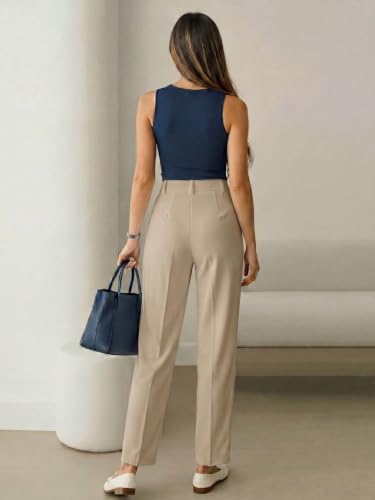 Image of KATECLO Women's Wide Leg Pants | Beige Polyester Trousers | Stylish Korean Clothing | Flared, Straight Fit, Baggy, and Loose Jeggings for Girls and Women