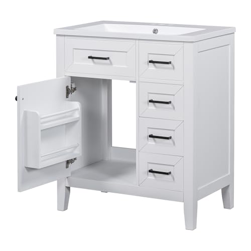 Image of Favfurish 30 inch Bathroom Vanity with Ceramic Sink,Undermount Single Basin Bath Vanity Set w /Soft-Close Door and 3 Drawers,Modern Freestanding Storage Cabinet,Solid Wood Frame,White