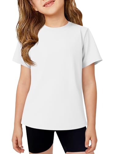 Humordream Girls Athletic Shirts Kids Short Sleeve Crewneck Quick Dry Workout Yoga Tops Basic Tees Activewear White