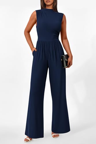 Image of PRETTYGARDEN Women's Summer Dressy Casual Jumpsuits | Cozy Ribbed Fabric, Sleeveless Mock Neck, Back Zipper, Pockets, Wide Leg Pants Rompers, Fashion Clothing, One Piece Outfits