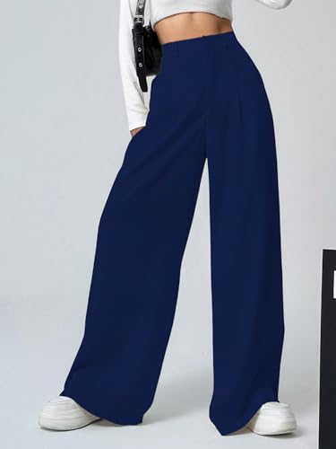 Image of Shasmi Women's Loose Mid Rise Solid, Pleated Trousers, Wide Leg Pocket Casual Long Korean Trousers Pant (146)