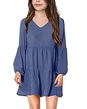 Imily Bela Girls Casual Tunic Dresses V Neck Long Short Sleeve School Party Swing Dress 5-14 Years Navy