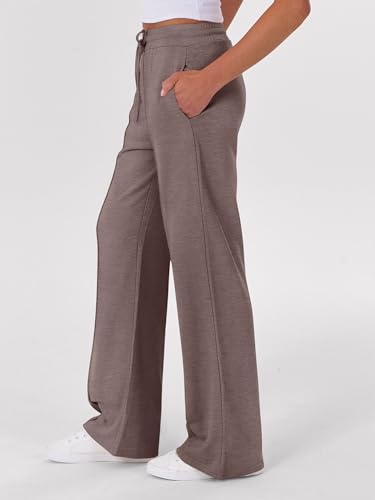ANRABESS Calça de moletom feminina moderna de perna larga, cintura alta, com cordão, atlética, Camel