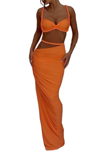 SHINFY Womens Summer Two Piece Maxi Skirt Sets Sexy Corset Top Ruched Long Skirt Beach Dress 2 Piece Club Outfits
