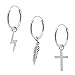 ENTREPLATA Pendientes Plata de Ley 925. Aretes para Mujer Niña Hombre Niño Unisex. Tres Aros de Plata con Tres Colgantes formas de Rayo, Cruz y Pluma