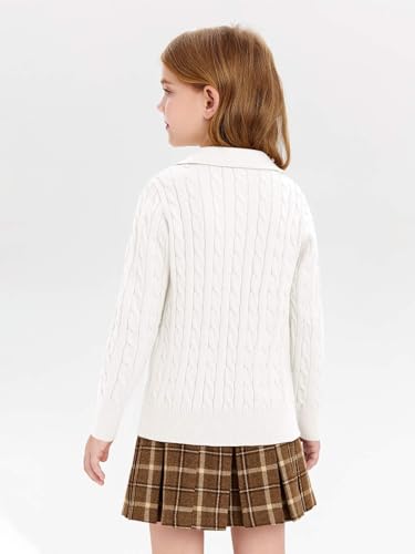 Image of Girls Sweaters Kids Fashion Cable Knit Collared V Neck Pullover Sweater Tops 5-14 Years White