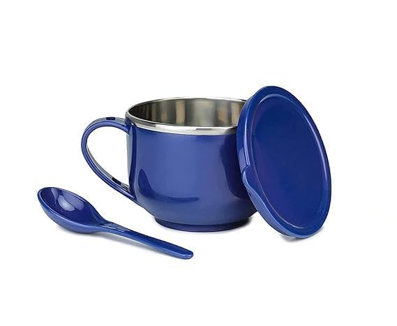 JEE Nuts and Traders Noodle Bowl with Lid and Utensils, Stainless Steel Soup Mug, 500 ml, Color May Vary Set of 2 pcs 4