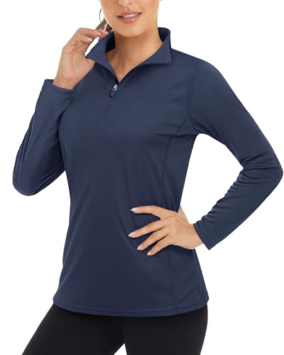 Boladeci Long Sleeve Golf Shirts for Women Sun Uv Protection Shirts for Women Swim Quarter Zip Navy Blue UPF Basic 1/2 Zip Rashguard Pullover