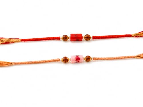 Image of Pack of 2 Japanese Design Rakhi for Bhai | Handmade Raksha Sutra Dhaga Bracelet | Stylish Designer Rakhi Set with Roli Chawal & Greeting Card