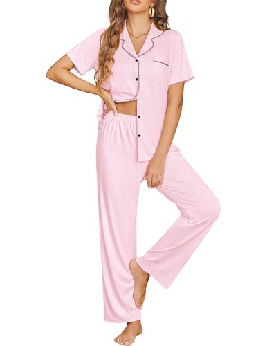 Ekouaer Womens Pajama Sets Button Down Pjs Lounge Sets 2 Piece Short Sleeve Sleepwear Soft Comfy Loungewear,Pink,M
