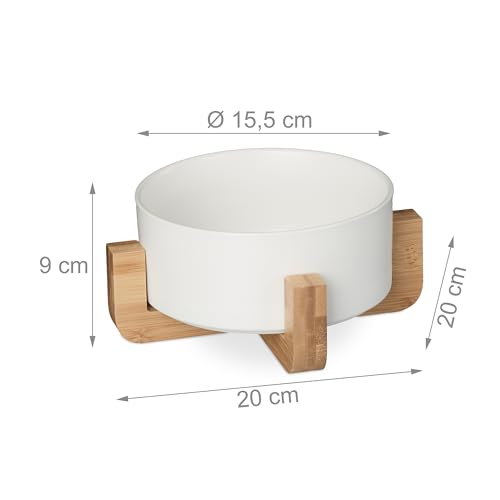 Relaxdays Hundenapf Keramik, 850 ml, für Futter & Wasser, Futternapf mit Bambus-Gestell, HxBxT: 9 x 20 x 20 cm, weiß