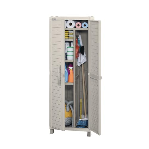 Catálogo de Armario plastico para comprar online. 47 Rimax | Armario Organizador Plástico Exterior con 3 Estantes Ajustables y 1 Fijo, Espacio para Escobas y Trapeadores, Ideal para Hogar, Patio o Jardín (Beige)