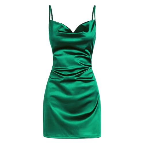 ZAFUL Women's Satin Sleeveless Spaghetti Strap Mini Dress Sexy Slip Cowl Neck Silky Cocktail Party Dresses(Green, S)