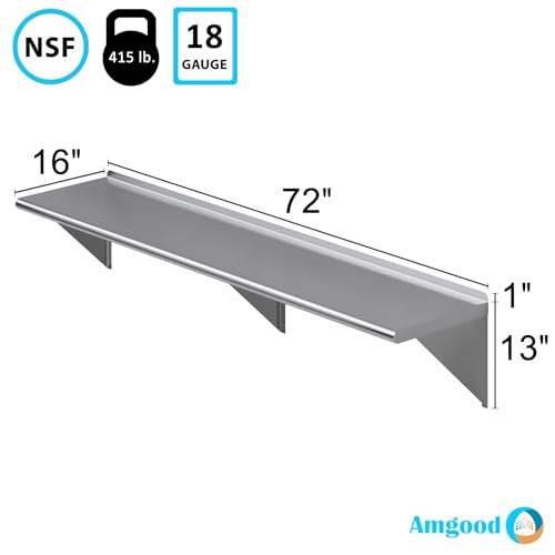 Image of AmGood 16 in. x 72 in. Stainless Steel Wall Shelf | NSF | Metal Shelving | Garage, Laundry, Storage, Utility Room | Restaurant, Commercial Kitchen