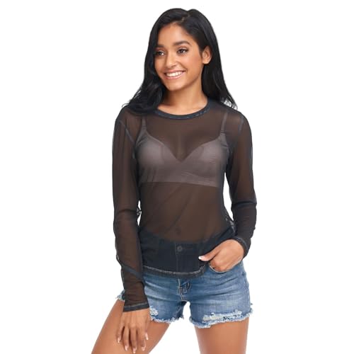 トップス Midorikawa mesh long sleeve shirts UMIRIKO Women's Long Sleeve Sheer Mesh Tops Tee Shirt Blouse Black