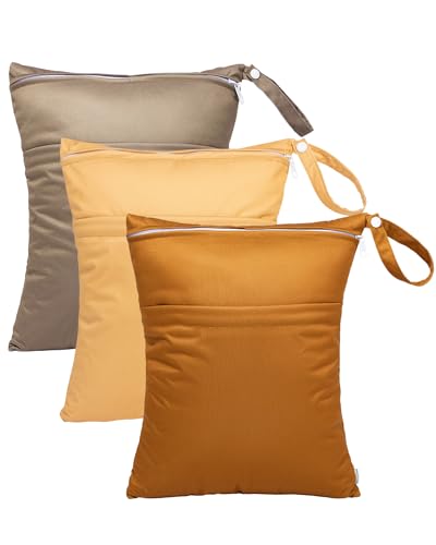 Image of babygoal Wet Dry Bags for Baby Cloth Diapers, Washable Travel Bags, Beach, Pool, Gym Bag for Swimsuits & Wet Clothes with Two Zippered Pockets 3 Pack, 3LN20