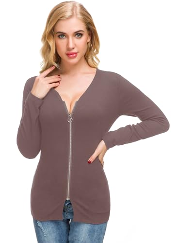 Image of Afibi Women V Neck Zip Front Long Sleeve Casual Top Blouse Shirt /Cardigan
