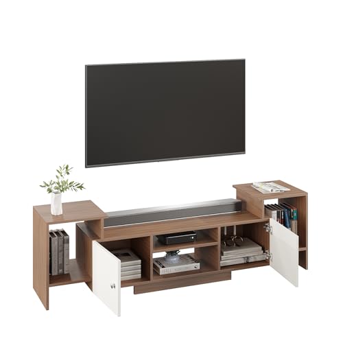 Image of FURNEASER Eptimal Engineered Wood TV Entertainment Unit for 75 Inch TV | Floor TV Stand & Cabinet with Shelves and Doors | Modern TV Unit (Exotic Teak & White)