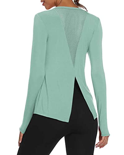 Mippo Long Sleeve Yoga Tops For Women Open Back Long Sleeve Workout Shirts Yoga Tops Running Athletic Shirts Athletic Tee Shirt Activewear Tops Workout Clothes For Women 2022 Grey Green Xl #TOP2