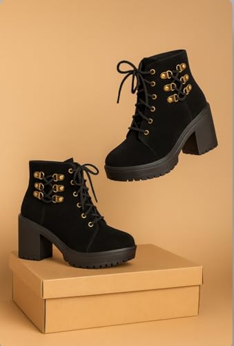 Image of Women's Ankle Boots | Stylish & Trendy Lace Up Design Fashion High Ankle Chelsea Boot with Heel | Durable Suede Leather Stylish Block Heeled Western Boots For Girls & Women