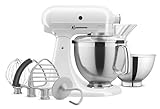 KitchenAid White KSM195 300W 10 Speed Tilt-Head Stand Mixer, Scraper, Whisk, Flex Edge Beater, Pastry Beater, Dough Hook, 4.7L & 2.8L Stainless Steel Bowls, Pouring Shield
