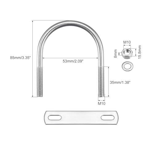 Image of uxcell Round U-Bolts, 2 Sets 53mm(2.09 inch) Inner Width 85mm Length M10 304 Stainless Steel U Clamp Bolt with Nuts Washers and Plates, for Boat Trailer