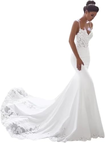 Ftupza Mermaid Satin White Wedding Dresses for Bride Mermaid Long Backless Wedding Gown for Women Spaghetti Strap V-Neck Bridal Gown with Train 6