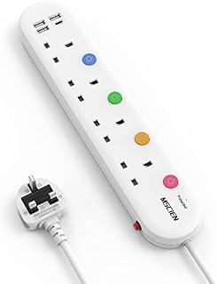 Extension Lead with USB Slots, 4 Way Socket Plug Extension with 1.8 Meter Extension Cord Surge Protection Individually Switched Power Strip for Home Office, White