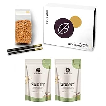 DIY Gourmet Boba Kit - 2 Bags of Premium Organic Jasmine Green Tea | 16 oz Boba | 2 Stainless Steel Straws | Make The Perfect Bubble Tea Drink At Home!