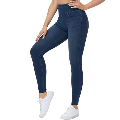 THE GYM PEOPLE Women's High Waisted Jeggings Pants Stretchy Tummy Control Skinny Jean Leggings with Pockets 28" inseam XX-Large Dark Blue