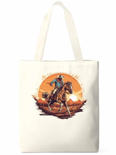Canvas Tote Bag, Western Aesthetic Canvas Tote Handbags for Women Shoulder Bag Vintage Cowboy Print