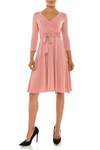 Image of Women's 3 /4 Sleeve V-Neck Printed Knee Length Midi Faux Wrap Floral Dress Mauve L