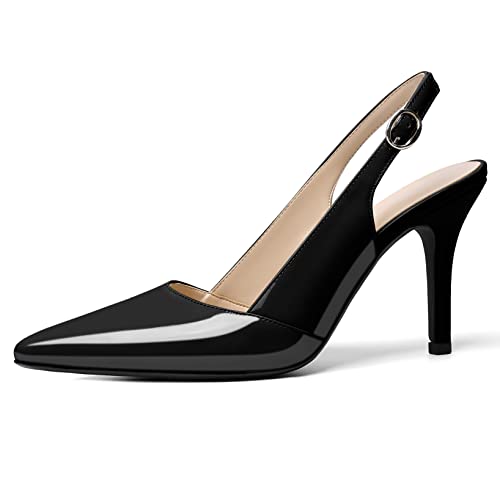 Aumoted Women's Slingback D'orsay Slip-On High Heels Pointy Toe Stiletto Ankle-Strap Heel Pump Dress Shoes 3.5 Inches Patent Black Us Size 7.5 #TOP1