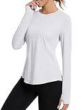 Avoogue Women Workout Tops Long Sleeve with Thumb Holes UPF 50+ UV Shirts Quick Dry Lightweight Crew Neck Hiking Tops(White,M)