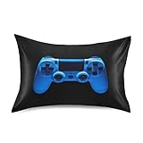 Oyihfvs Video Game Joystick Gamepad in Blue Neon Lights Isolated on Black Silky Satin Pillowcase for Hair and Skin, Soft Bed Pillow Cover, Decorative Silk Pillow Cases, Standard Size 20x26 inches