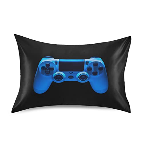 Oyihfvs Video Game Joystick Gamepad In Blue Neon Lights Isolated On Black Silky Satin Pillowcase For Hair And Skin, Soft Bed Pillow Cover, Decorative Silk Pillow Cases, Queen Size 20X30 Inches #TOP23