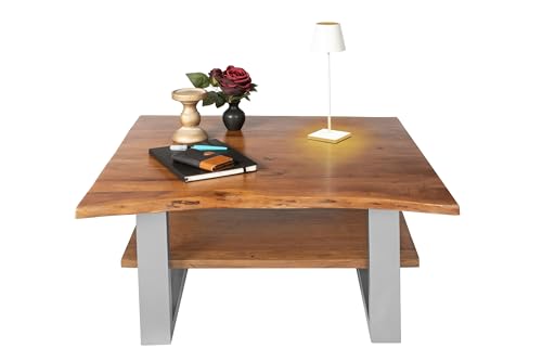 SAM Couchtisch 90x90 cm Patrick, Sofatisch mit Ablage, Akazienholz massiv + nussbaumfarben + lackiert, Beistelltisch mit silbernem U-Metallgestell, echte Baumkante