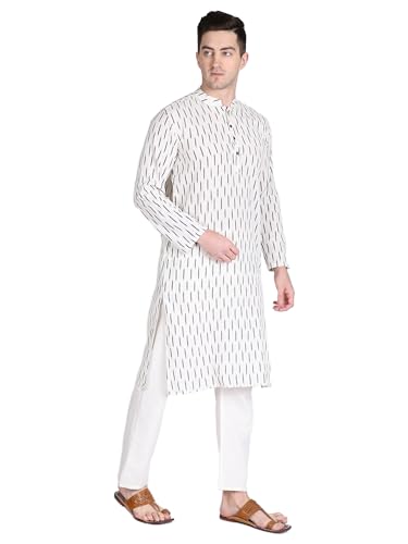 Men's Cotton Handloom Kurta Long Ikat Khadi Kurta Mandarin Collar Full Sleeves Side Split Indian Tunic Ethnic Wear for Wedding Party - Medium (White)2