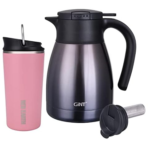 GiNT 34Oz Thermal Coffee Carafe + 17 Oz Insulated Tumbler Travel Tea Mug With Slider Lid and Flip Lid with Filter(Pink) Cover
