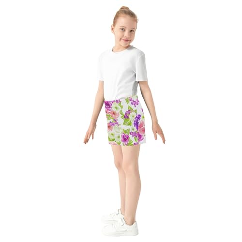 Girls Athletic Shorts Pink Purple Floral White Comfy Casual Youth Summer Pajama Sleep Shorts with Pockets, X-Small4