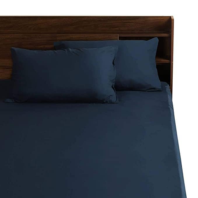 Image of Flat Bed Sheet with 2 Pillow Covers 600 Thread Count 100% Egyptian Cotton Bedsheet Super King Size Navy Blue