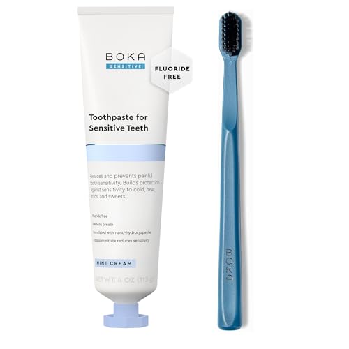 Boka Sensitive Toothpaste - Fluoride Free, 5% Potassium Nitrate, Nano Hydroxyapatite, 4oz with Boka Classic Manual Toothbrush with Extra Soft Activated-Charcoal, Tapered Bristles, Blue 1pk Bundle