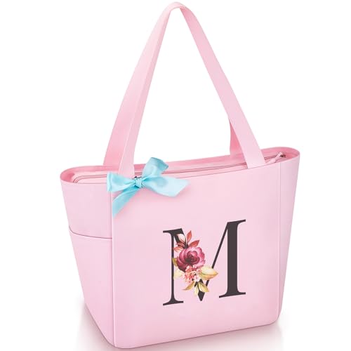 Vavabox Tote Bag, A-Z Initial Monogrammed Waterproof Tote Bag, Bridesmaid Gifts for Women, Black and Pink (M, Pink)