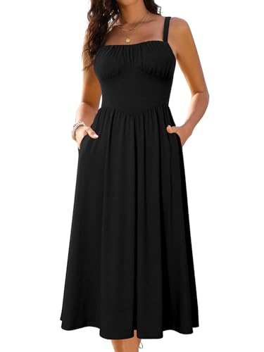 Sureple Long Dresses for Women 2025 Sleeveless Ruched Bust Swing Aline Fitted Spaghetti Strap Sundress with Pockets