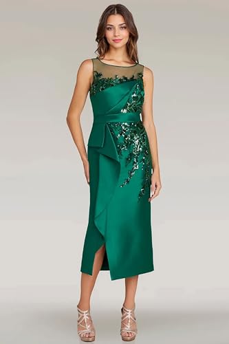 Satin Formal Cocktail Dress Tea Length Crew Neck Sleeveless Mother of The Bride Dresses for Women with Lace Appliqué2