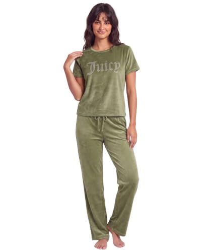 Image of Juicy Couture Women's 2 Piece Velvet Fleece Short Sleeve Shirt and Pants Lounge Sleepwear Set