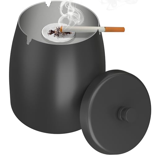 AwmnSrman Posacenere da Esterno Posacenere con Coperchio Nero Cenere In Acciaio Inossidabile A Prova Di Vento, Rimovibile Per Una Facile Pulizia, Cenere Antiscivolo Per Tavolo, Φ11,8 x H12,3 cm